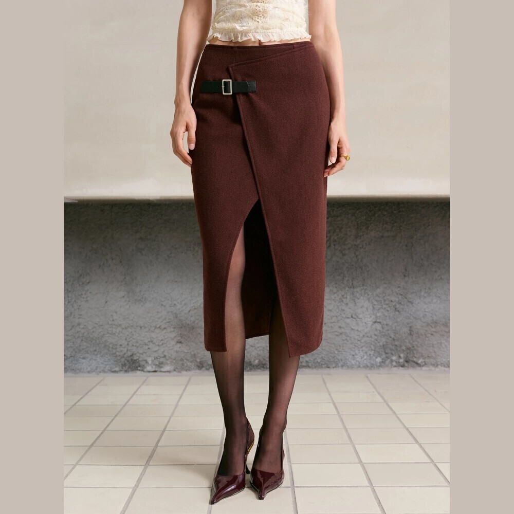 Brown Wrap Front Hardware Detail Wide Slit Midi Pencil Skirt